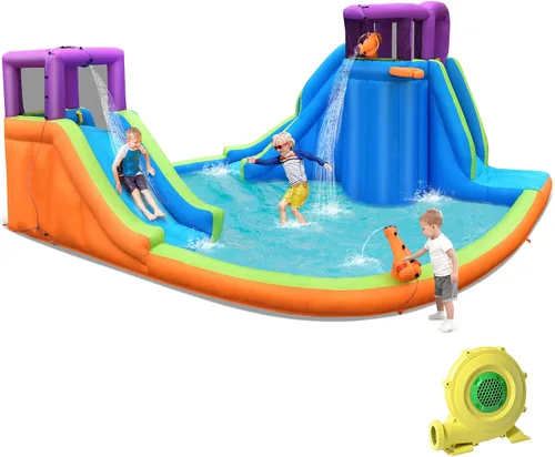 HONEY JOY Toboganes acuáticos inflables para niños, castillo de agua gigante con pared de escalada y tobogán largo, piscina con pistolas de agua,