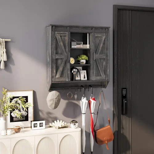 Vista 5 de Trironsun Gabinete de medicina de granja, 2 puertas correderas de granero, 3 niveles, gabinete de almacenamiento de pared de madera rústica, estante