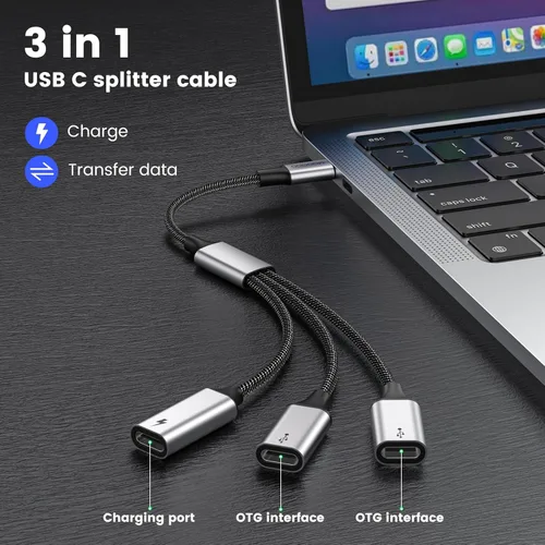 Vista 2 de MOGOOD Divisor USB C, cable Y USB C de 3 puertos, 1 macho a 3 hembras, paso de carga PD de 60 W y transferencia de datos, para Steam Deck, iPad Pro