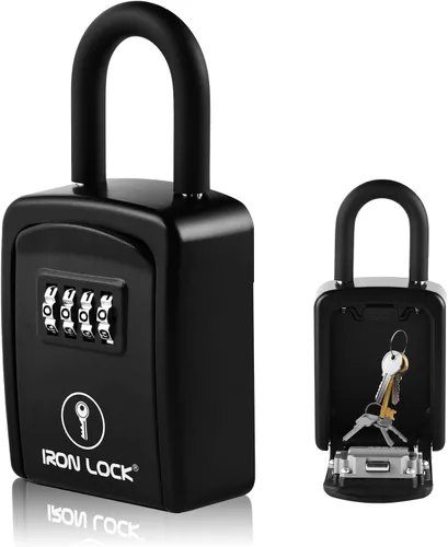 Vista 10 de Iron Lock Caja de bloqueo de llave portátil con grillete de cable y montaje en pared, caja de metal resistente al agua para llaves con código