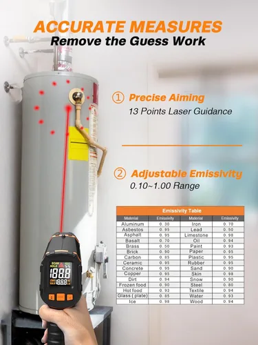 Vista 2 de Mecurate Pistola de termómetro infrarrojo de -58 °F a 1112 °F, pistola de temperatura láser con emisividad ajustable, máximo/min/retención