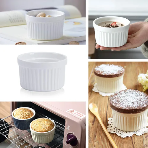Vista 4 de Ramequines de porcelana de 4 onzas, juego de 8, platos para soufflé, cuencos aptos para horno, para creme brulee, natillas, pudín, mini postres