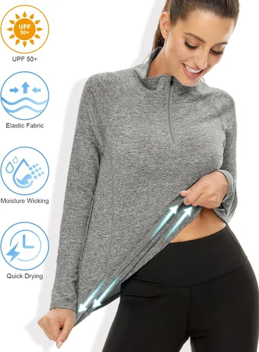 Vista 4 de LURANEE Sudadera de manga larga con cremallera de 14 para mujer, UPF 50+, para senderismo, correr, entrenamiento