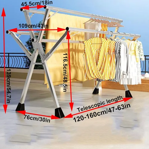 Vista 4 de Adjustable Stainless Steel Clothes Drying Rack, 5-Rod Portable Laundry Rack for Indoor/Outdoor Use, Space-Saving Folding Garment Drying Rack (63ft)