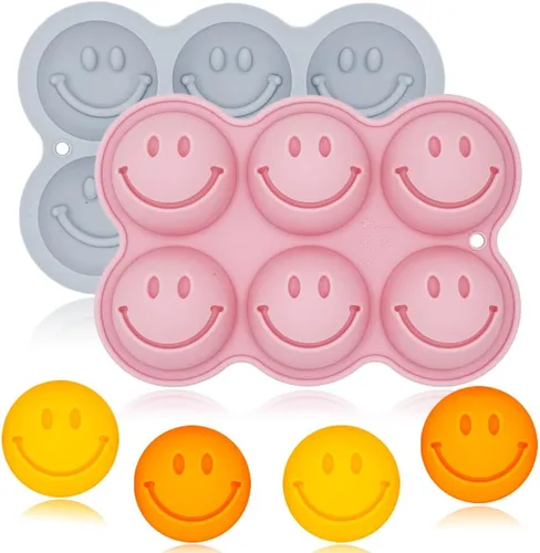 Paquete de 2 moldes de silicona para gelatina de cara sonriente en 3D, molde para hornear con temática de emoticonos, bandeja de cubitos de hielo,