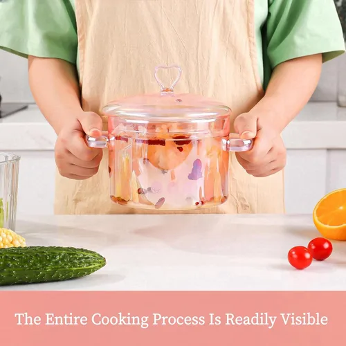 Vista 6 de Olla de vidrio rosa de 2 litros, 67.6 fl oz/2.2 cuartos de galón / 68 onzas, ollas de vidrio para cocinar en la estufa, tapa en forma de corazón