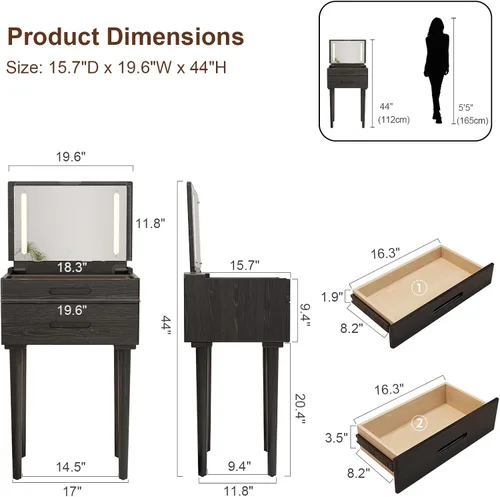 Vista 2 de Muwuele Escritorio pequeño de madera maciza con espejo y luces, tocador de maquillaje estrecho para espacios pequeños, mesa auxiliar de tocador