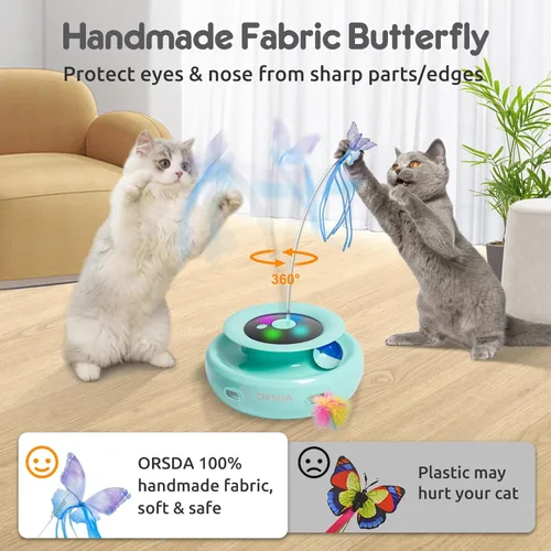 Vista 4 de ORSDA Juguete para gatos, 3 en 1 interactivo electrónico automático en movimiento con plumas de emboscada, mariposa revoloteante, bolas