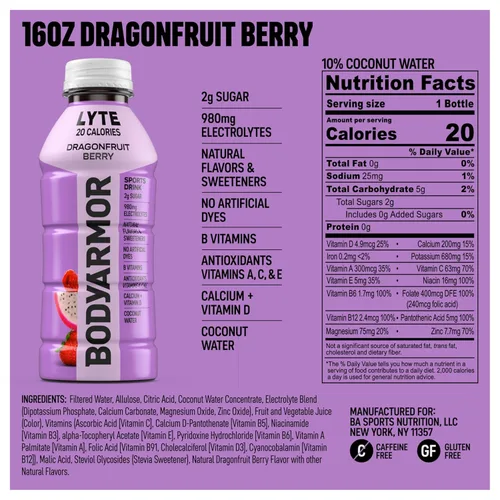 Vista 2 de BODYARMOR LYTE, Dragonfruit Berry, bebida electrolítica, 20 calorías, botellas de 16 onzas líquidas (paquete de 12), bebida deportiva de agua