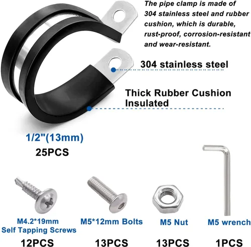 Vista 2 de Taiss 50 piezas de abrazaderas de cable de 1/2 pulgada, abrazaderas de cable de alambre aislado de goma de acero inoxidable 304, abrazaderas