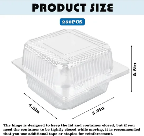 Vista 2 de 250 unidades de 5 x 5 pulgadas Clamshell bandeja para llevar recipientes de plástico con bisagras para alimentos, caja de comida desechable