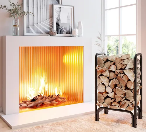 Vista 7 de Kingson Soporte de leña para chimenea de interior y exterior, color negro, desmontable para almacenamiento de leña