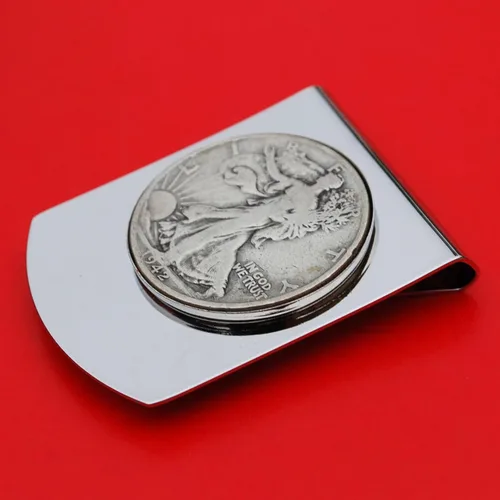 Vista 2 de US 1942 Walking Liberty Half Dollar Stainless Steel Large Money Clip NEW - Wide Design