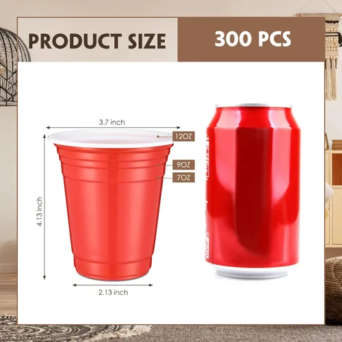Vista 2 de Zopeal 300 vasos de plástico desechables rojos de 12 onzas, vasos de plástico rojo con líneas de relleno, vasos de plástico reutilizables