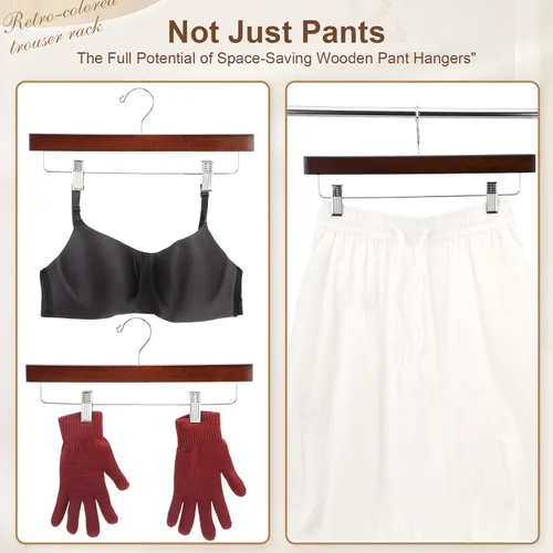 Vista 4 de Sieral Paquete de 30 perchas de madera para pantalones con clips de madera maciza, faldas de madera maciza con 2 clips ajustables, gancho giratorio