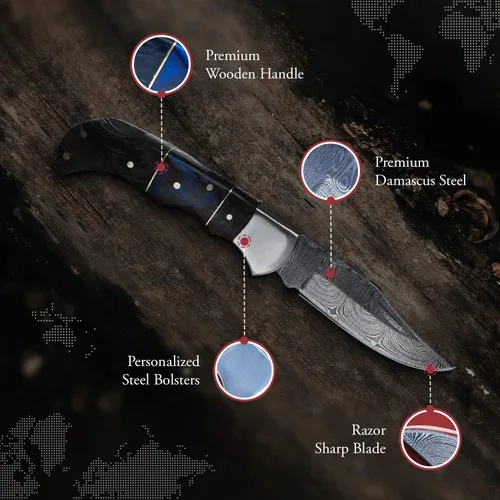 Vista 2 de Morf Steelware - Cuchillo de bolsillo de acero de damasco, hecho a mano, cuchillo de bolsillo pequeño para exteriores, camping, senderismo, hoja