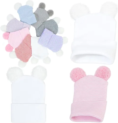 Vista 7 de Gorro de hospital para recién nacido con oreja, gorro de bebé de 0 a 6 meses, gorro de punto para guardería, paquete de 124