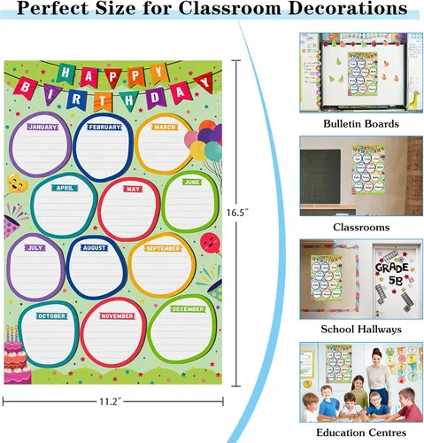 Vista 5 de WhatSign Tabla de cumpleaños para el aula, póster de feliz cumpleaños, calendario de cumpleaños para pared, reutilizable, tablón de anuncios