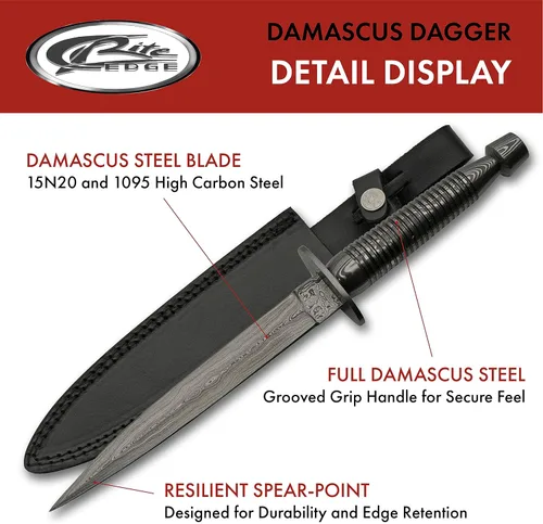 Vista 2 de SZCO SUPPLIES Daga de Comando de Acero Damasco de 12" con funda de cuero, negro, 12.5 pulgadas (DM-1262DM)