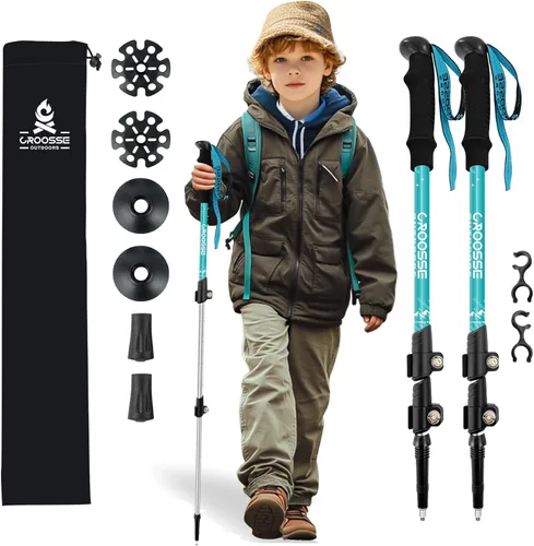 Croosse - Bastones de senderismo ligeros y plegables para niños, bastones de senderismo retráctiles de aluminio, paquete de 2 bastones de esquí