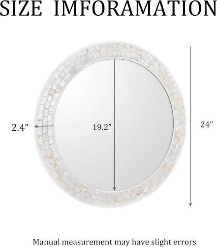 Vista 3 de Espejos de mosaico para pared de 24 pulgadas, con incrustaciones de nácar natural, espejo redondo con marco blanco para baño, dormitorio o entrada
