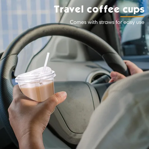 Vista 5 de Ziliny Paquete de 25 vasos de plástico transparente de 12 onzas con tapas para sorbos y pajitas, tazas desechables para café helado de cristal
