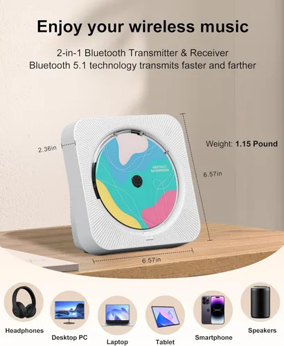 Vista 5 de Reproductor de CD portátil con Bluetooth Reproductores de CD de escritorio para el hogar con altavoces de sonido HiFi, Mini reproductor de CD lindo