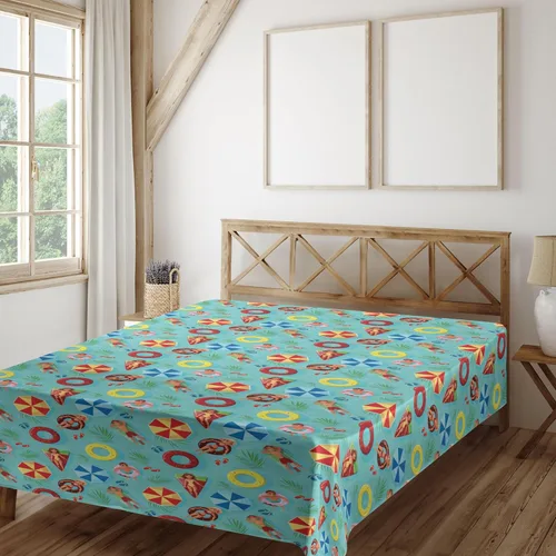 Vista 2 de Ambesonne Pool Party Flat Sheet, Summer Pool Doodle of People on Funny Swim Float Rubbers Happy Boys and Girls, Soft and Comfortable Top Sheet