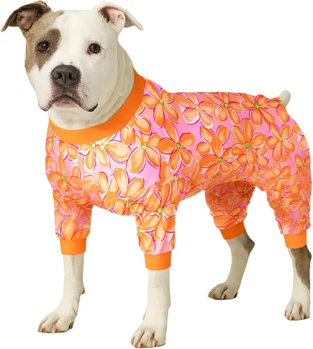 Vista 10 de LovinPet Mameluco mediano para perro – Pijama para perro grande, tela elástica ligera, estampado de dinosaurio blanco, overol para perro, camisa