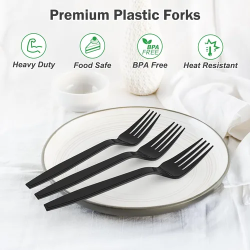 Vista 4 de Dealusy 360 Unidades Tenedores de Plástico Negro Extra Resistentes Desechables, Sin BPA, Resistentes al Calor, Tenedores Desechables Sólidos