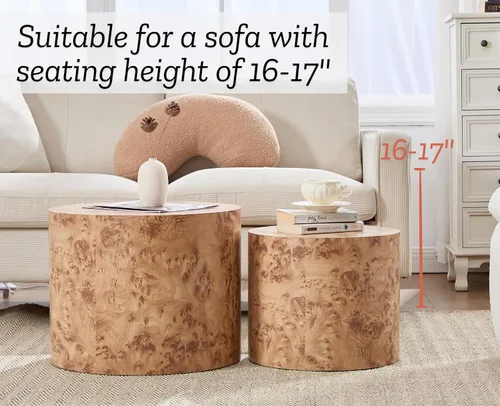 Vista 4 de EALSON Juego de 2 mesas auxiliares redondas pequeñas de granja, mesa auxiliar redonda de madera moderna para sala de estar, espacios pequeños