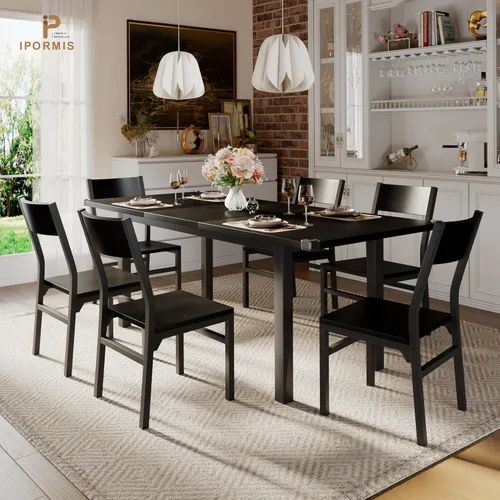 Vista 9 de iPormis Juego de mesa de comedor y sillas de 7 piezas para 4-6, mesa de cocina extensible de 63 pulgadas con 6 sillas, mesa de comedor con tablero