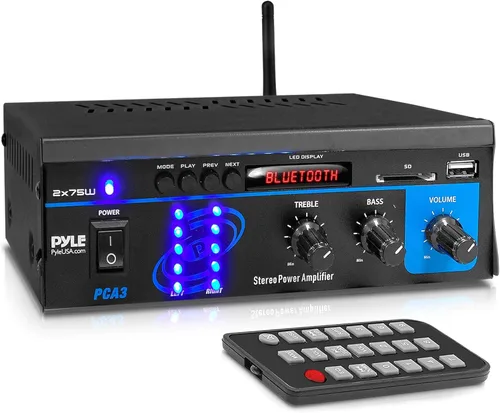 Pyle - Sistema de amplificador de potencia de audio Bluetooth casero - Caja receptora de sonido estéreo mini de doble canal 2X75W con LED - Para