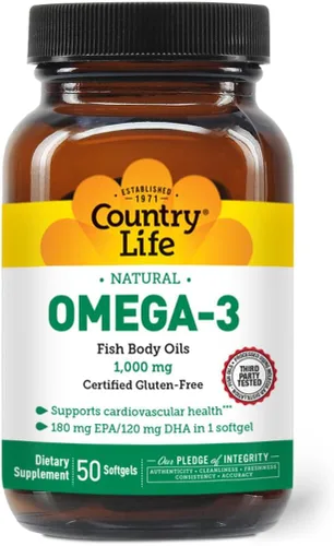 Country Life Suplemento de aceite de pescado Omega-3, 10000 mg, 180 mg EPA y 120 mg DHA, concentrado de aceite de pescado, sin erupciones, 50