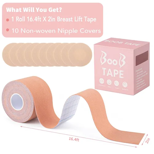 Vista 7 de MyMegan Boobytape para levantamiento de senos, cinta para senos grandes con cubiertas reutilizables para pezones, cinta de senos con empanadas