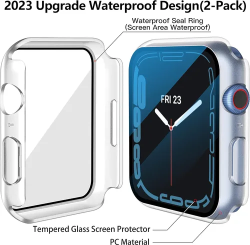 Vista 4 de Misxi Paquete de 2 fundas rígidas impermeables con vidrio templado compatibles con Apple Watch Series 8 Series 7 de 1.614in, funda protectora ultra