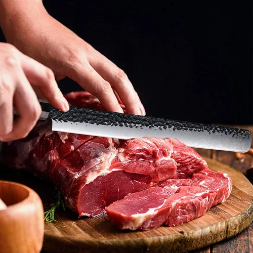 Vista 6 de FINDKING Dynasty Series - Cuchillo de jamón de acero revestido de 12 pulgadas y protector de bordes magnético de nogal