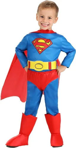 Disfraz clásico de Superman para niños pequeños, traje de superhéroe rojo y azul y capa roja para cosplay de superhéroes y Halloween