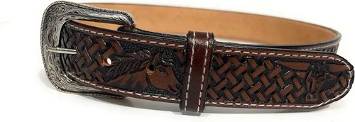 Vista 3 de Cinturón occidental para niños, cinturón de piel auténtica de vaquero, diseño de caballo y toro