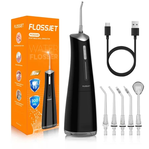 FlossJet Irrigador bucal inalámbrico con 10.1 fl oz, 5 puntas, 4 modos, USB, cargador portátil, limpiador de riego IPX7, irrigador eléctrico dental