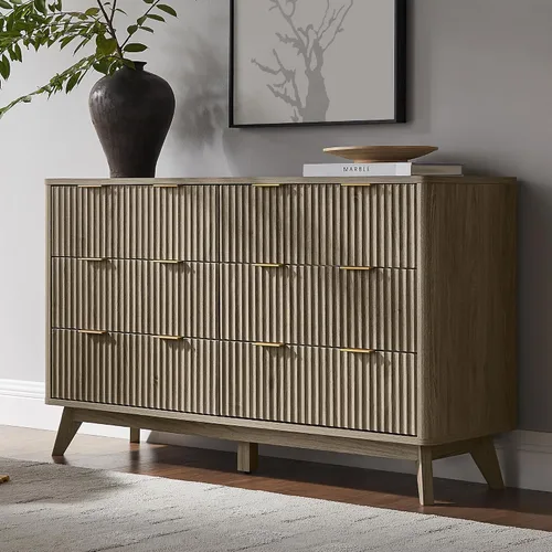 Vista 32 de T4TREAM Cómoda acanalada de 3 cajones, cómoda moderna de 32 pulgadas de alto, diseño de perfil curvo, organizador de cajones de madera para Aliso