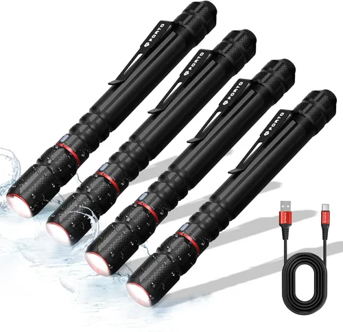 Vista 10 de FORTO Linterna de luz recargable para bolígrafo, linterna de bolsillo pequeña de 400 lúmenes con clip, IP67 impermeable, 2 modos de luz, indicador