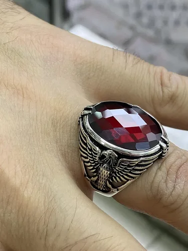 Vista 8 de Men Handmade Eagle Ring, Ruby Stone Ring, Silver Red Ruby Stone Ring, 925k Sterling Silver Ring, Handmade American Eagle Mens Ring