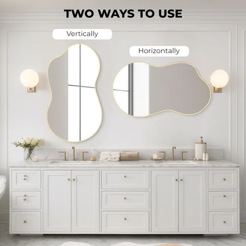 Vista 34 de WallBeyond Espejo de pared irregular, espejo asimétrico con marco de aleación de aluminio, espejo de pared decorativo para sala de estar, Negro