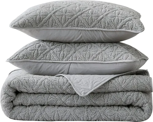 Vista 3 de Chezmoi Collection Bethany - Juego de edredón Sherpa de 3 piezas tamaño King, manta de sherpa acolchada floral, reversible, de microfibra lavada