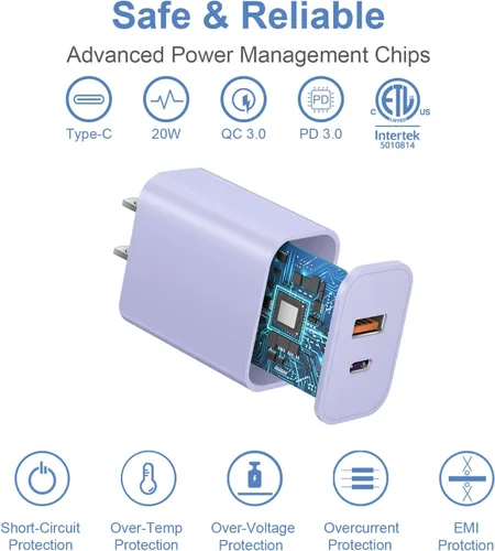 Vista 4 de [Paquete de 2] Bloque de cargador USB C de carga rápida multipuerto Adpater iPhone 17 Bloque de cargador de 20 W tipo C enchufe de cargador de pared