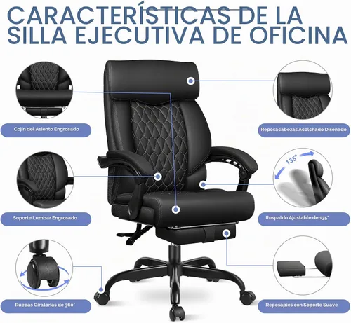 Vista 7 de Silla ejecutiva de oficina de respaldo alto - Escritorio ergonómico para computadora con función de balanceo, de cuero para gerencia