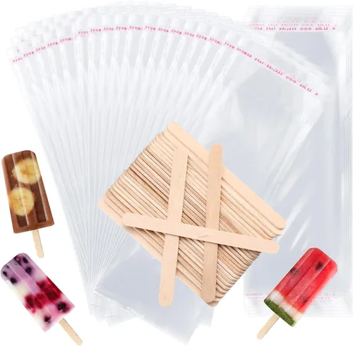 Vista 8 de Patelai Juego de 300 palitos de hielo y bolsas de plástico, bolsas de plástico autoadhesivas transparentes y palitos de paletas de hielo