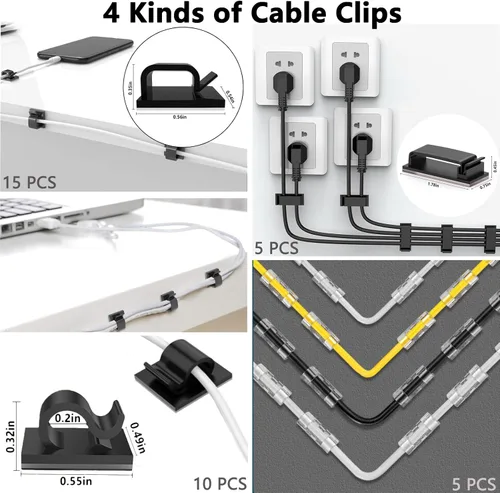 Vista 6 de ELII Kit de organización de cables de 300 piezas, 4 fundas para cables, 35 clips para cables con 11 soportes para cables, 20 rollos de correas