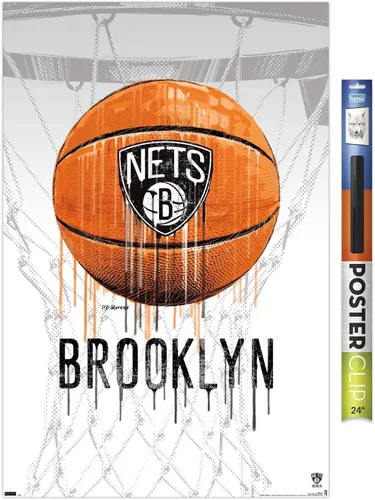 Vista 14 de Trends International NBA Brooklyn Nets - Póster de pared Drip Basketball 21, 14.725 x 22.375 pulgadas, versión enmarcada de madera de granero